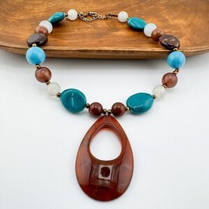 Vintage Teardrop Necklace Teal & Brown Bead Retro Statement Movie/TV Prop